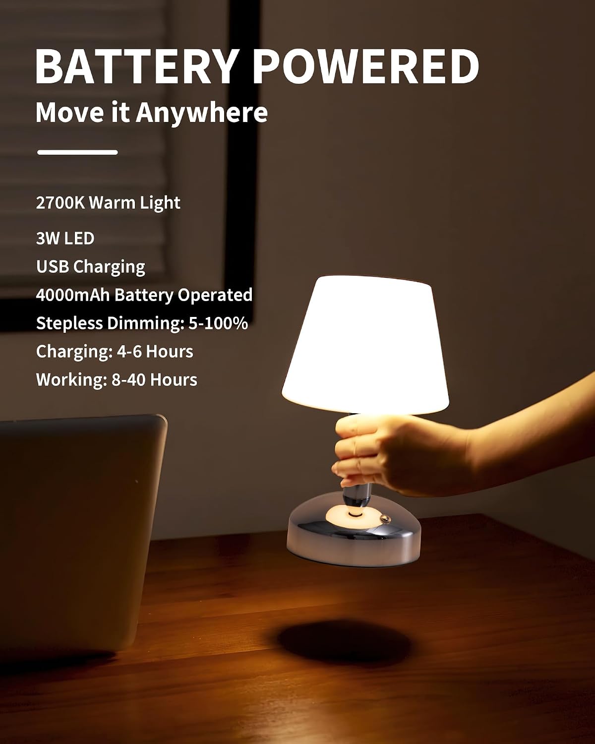 KDG Silver Cordless Small Table Lamp, Portable LED Dimmable Desk Lamp | Modern 4000mAh Rechargeable Battery Operated