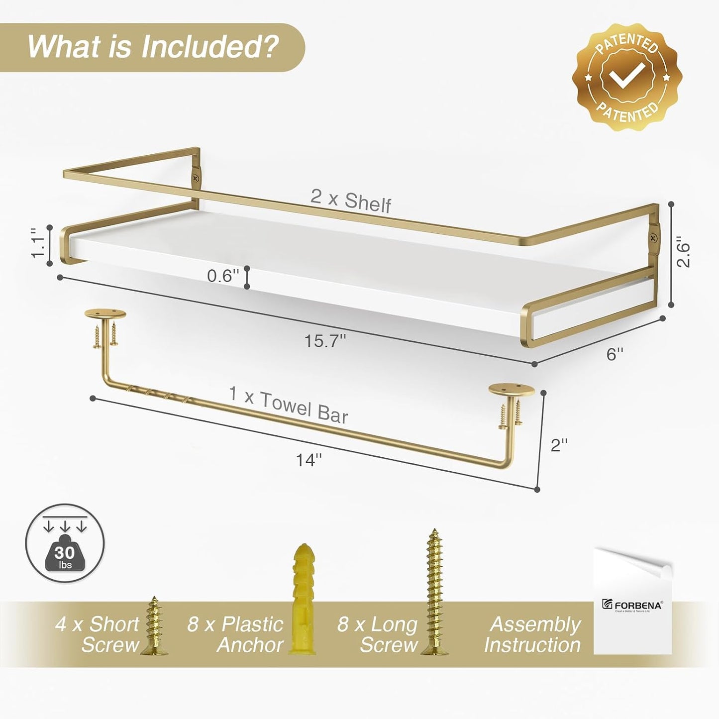 Forbena Floating Bathroom Shelves Wall Mounted, Aesthetic White and Gold Shelves for Bathroom Accessories, Modern