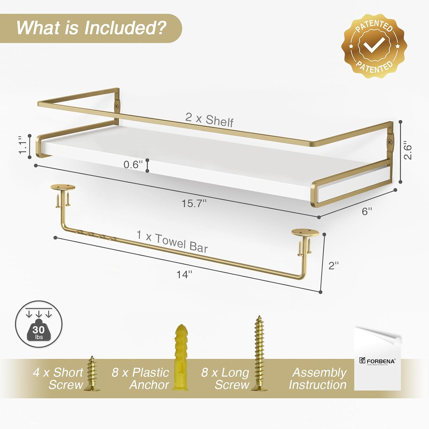 Forbena Floating Bathroom Shelves Wall Mounted, Aesthetic White and Gold Shelves for Bathroom Accessories, Modern
