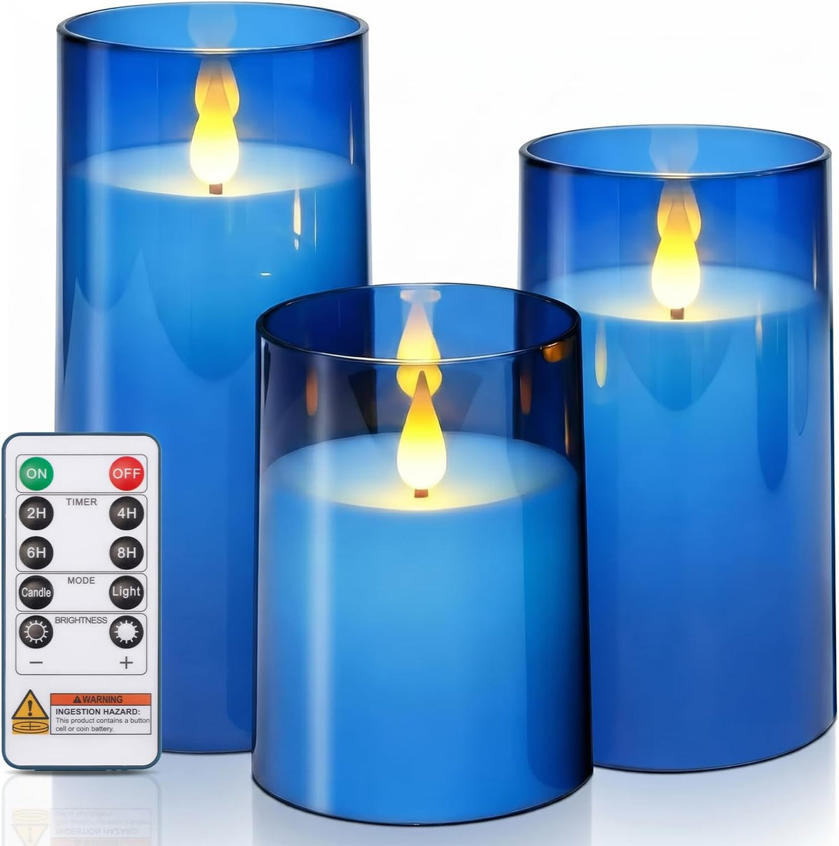 Homemory Blue Flameless LED Pillar Candles with Remote Timer, Set of 3