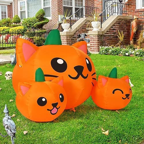 COMIN Halloween Inflatable 5FT Long Three Pumpkin Cat Head Combo with Built-in LEDs, Blow Up Yard Decoration for Holiday Party Indoor, Outdoor, Yard, Garden, Lawn