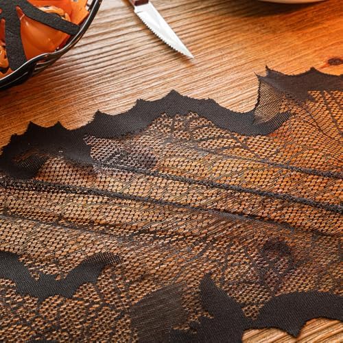 Halloween Table Runner - Black Lace with Spider Web & Bat Design, Elegant Lace Runner for Halloween Parties, Weddings & Spooky Home Decor (Bat)