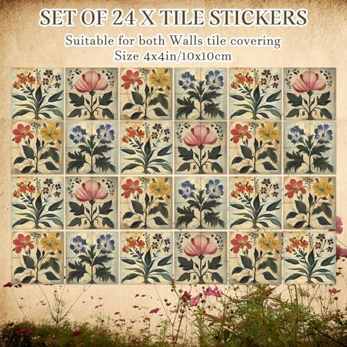 Flower Tile Stickers Watercolor Retro Rustic Floral Peel and Stick / Boho Flower / 4 x 4 / Set of 24