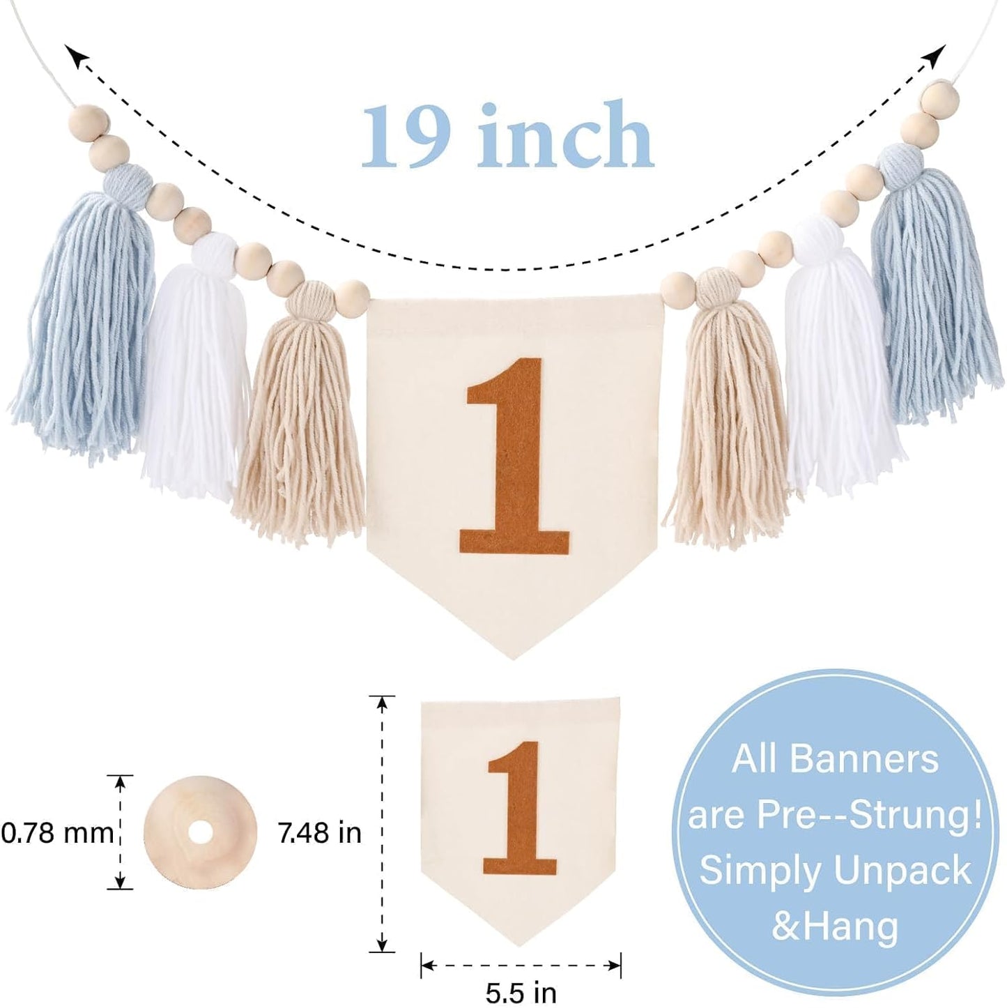 One Blue Boho Wood Bead Tassel Garland Highchair Decor Wall Hanging / Brown and Blue