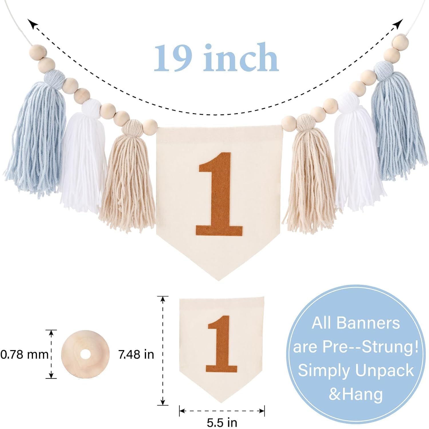One Blue Boho Wood Bead Tassel Garland Highchair Decor Wall Hanging / Brown and Blue