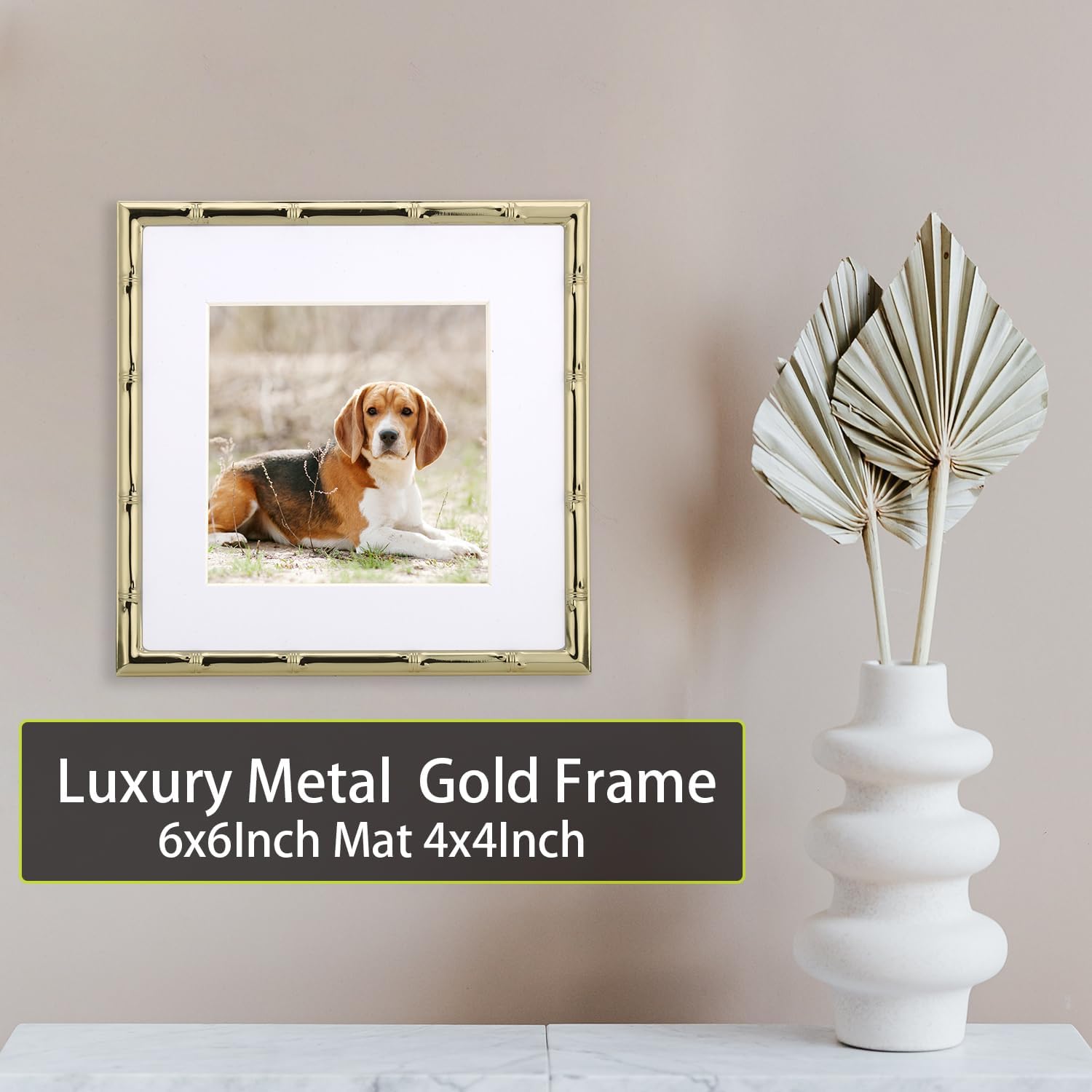 YiPinYin 6x6'' Sqaure Gold Metal Picture Frame With Mat for 4x4'' Set of 2, Bamboo Detail Designs Gold Plated Photo