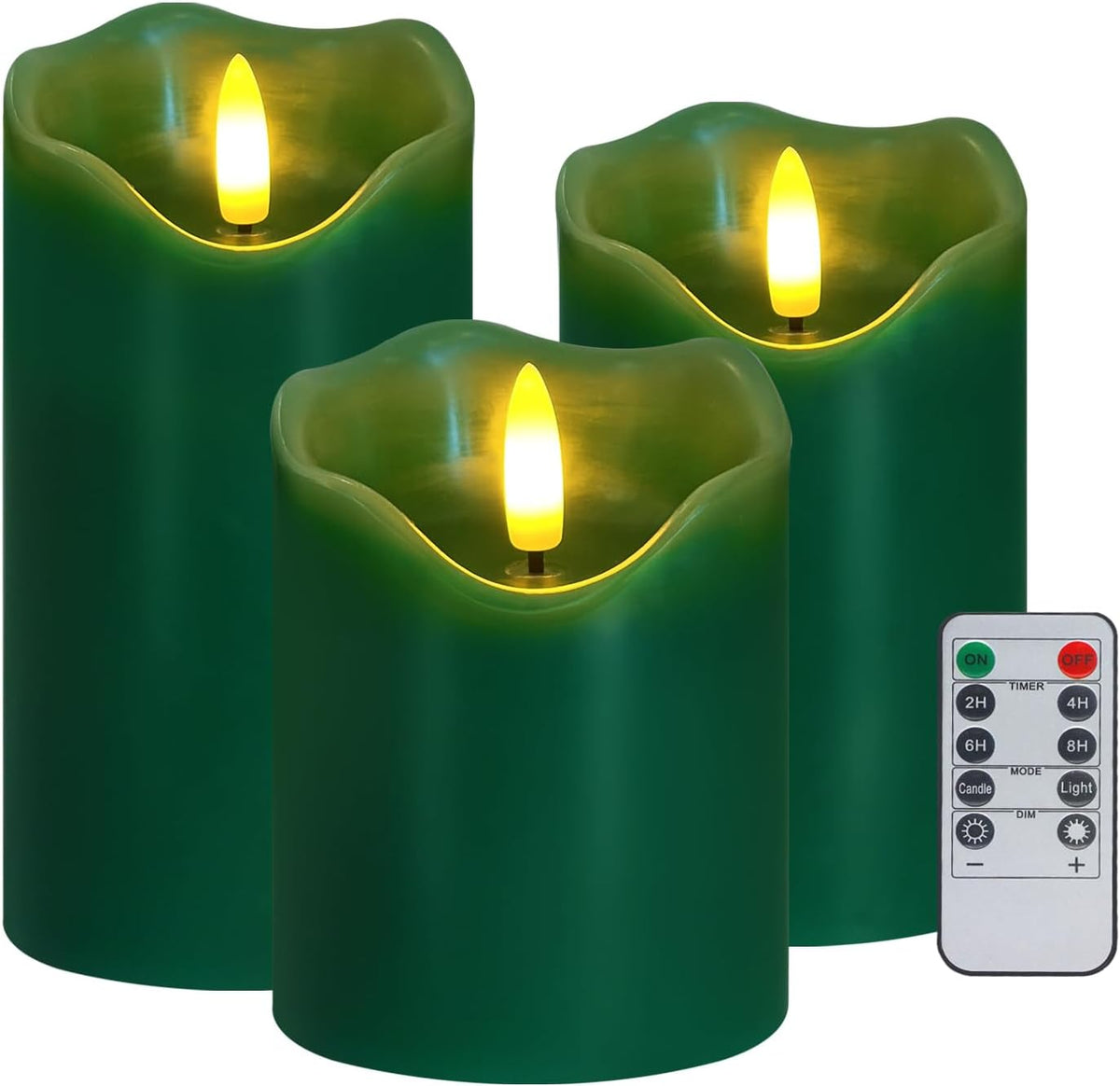Green Flameless Candles Set of 3, Christmas LED Candles with Remote & Timer
