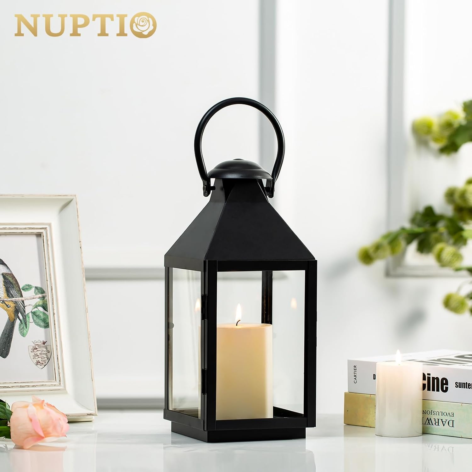 NUPTIO Black Decorative Candle Lantern: Metal Pillar Candle Holders | 10.2" Tall Hanging Lanterns for Table Centerpiece