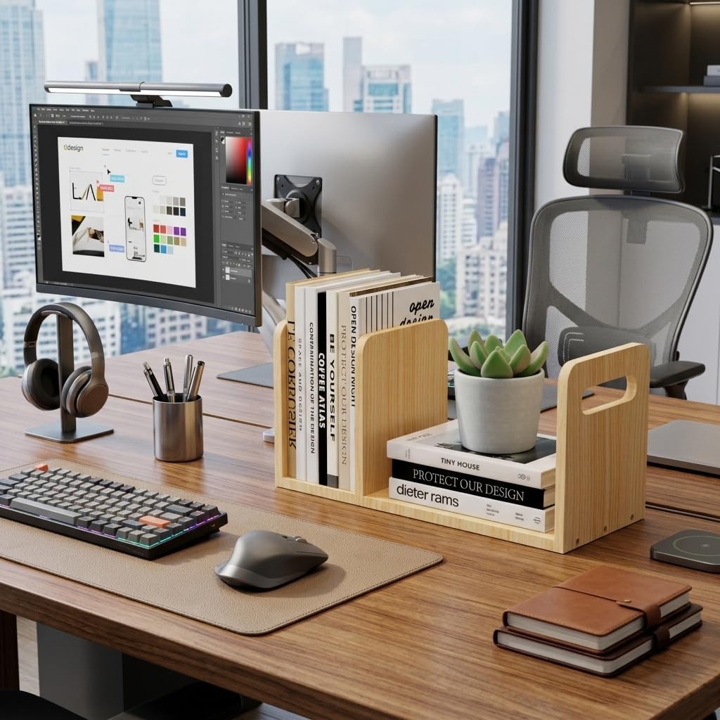 100% Solid Wood Adjustable Desktop Bookshelf / Natural Wood Color