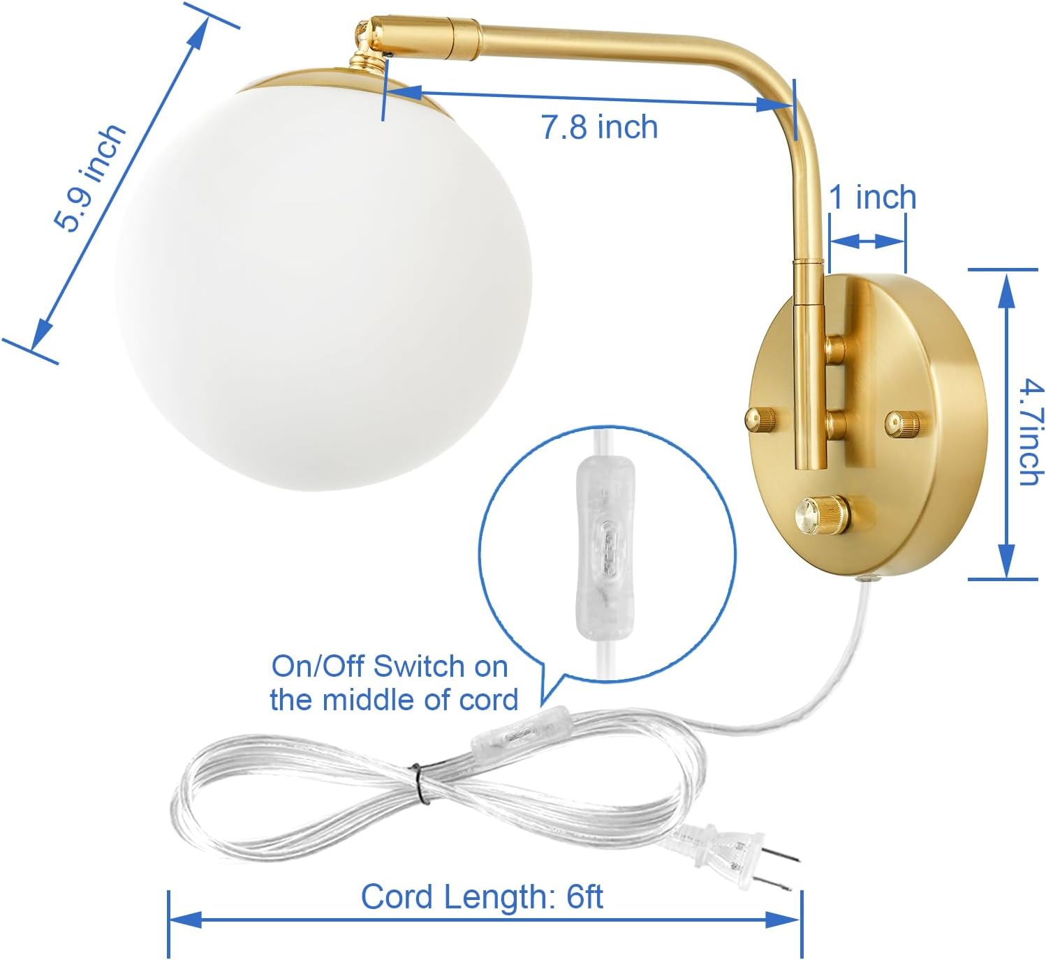 VATONI Wall Sconces Plug in, Dimmable Swing Arm Wall Lights with Plug in Cord and Dimmer On/Off Knob Switch, Dimmable