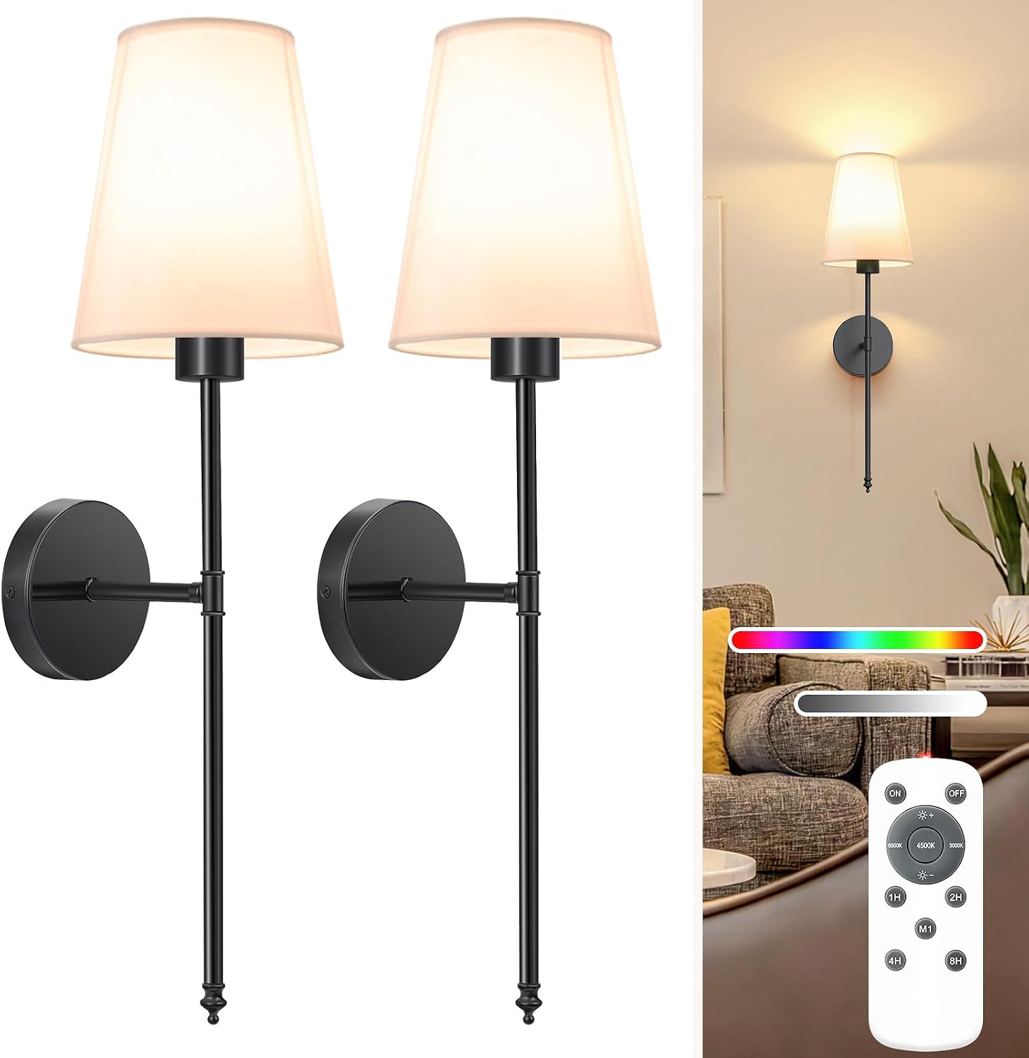 NIORSUN 25.4 inch Battery Operated Wall Sconce Set of 2,Black Rechargeable Wall Lights with 10400mAh Dimmable