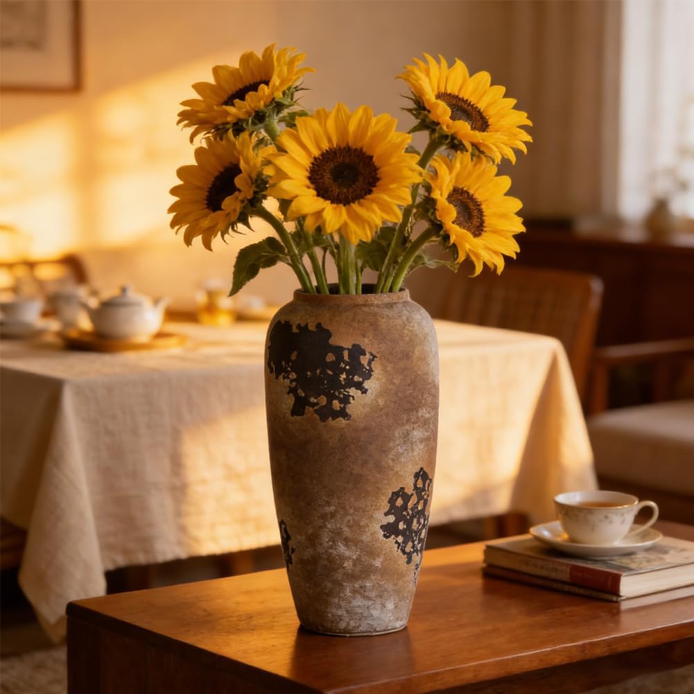 Large Rustic Ceramic Vase / Brown / 12.6 Inch