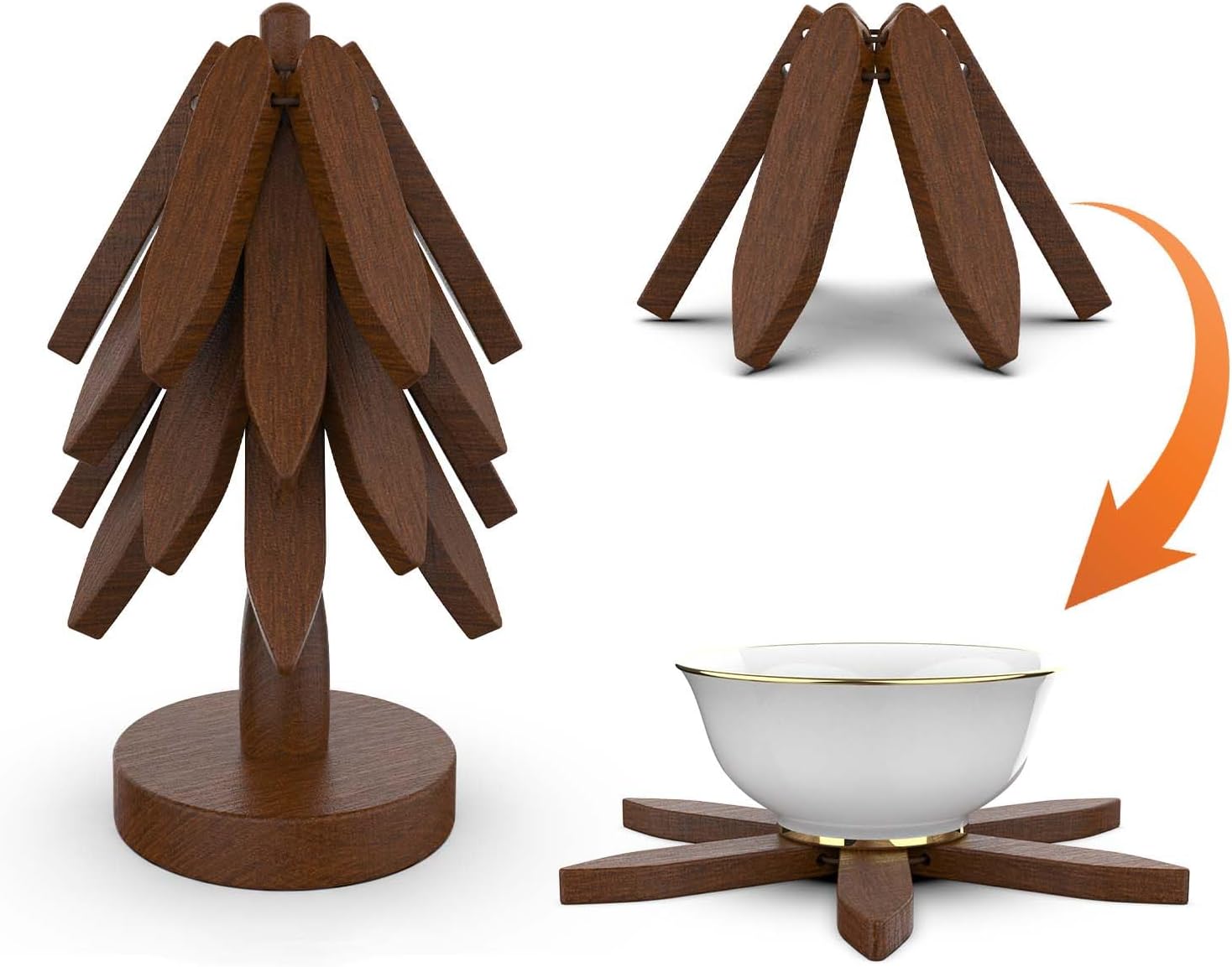 4 Wooden Trivets+1 Stand / Walnut Wood / Natural