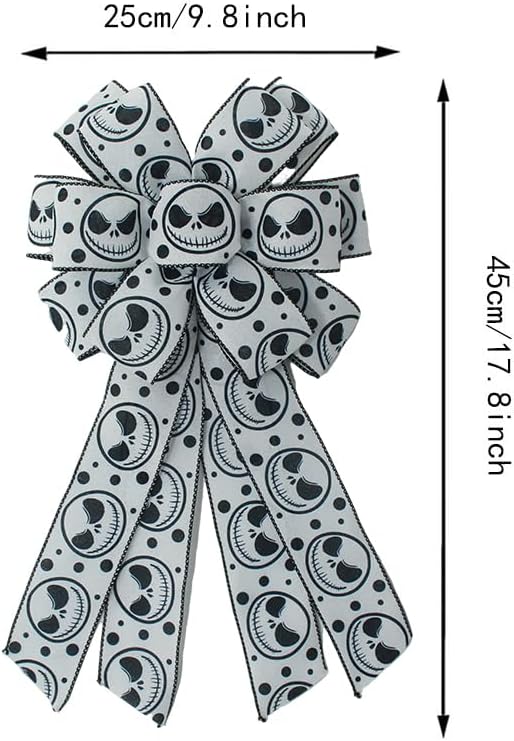 1 Pcs Large Halloween Wreath Bow - 17.8" x 9.8" Spooky Skeleton Wired Bow, Black White Skull Gothic Decorative Burlap Bows for Front Door, Tree Topper & Party Decor (Black Skeleton Bow)