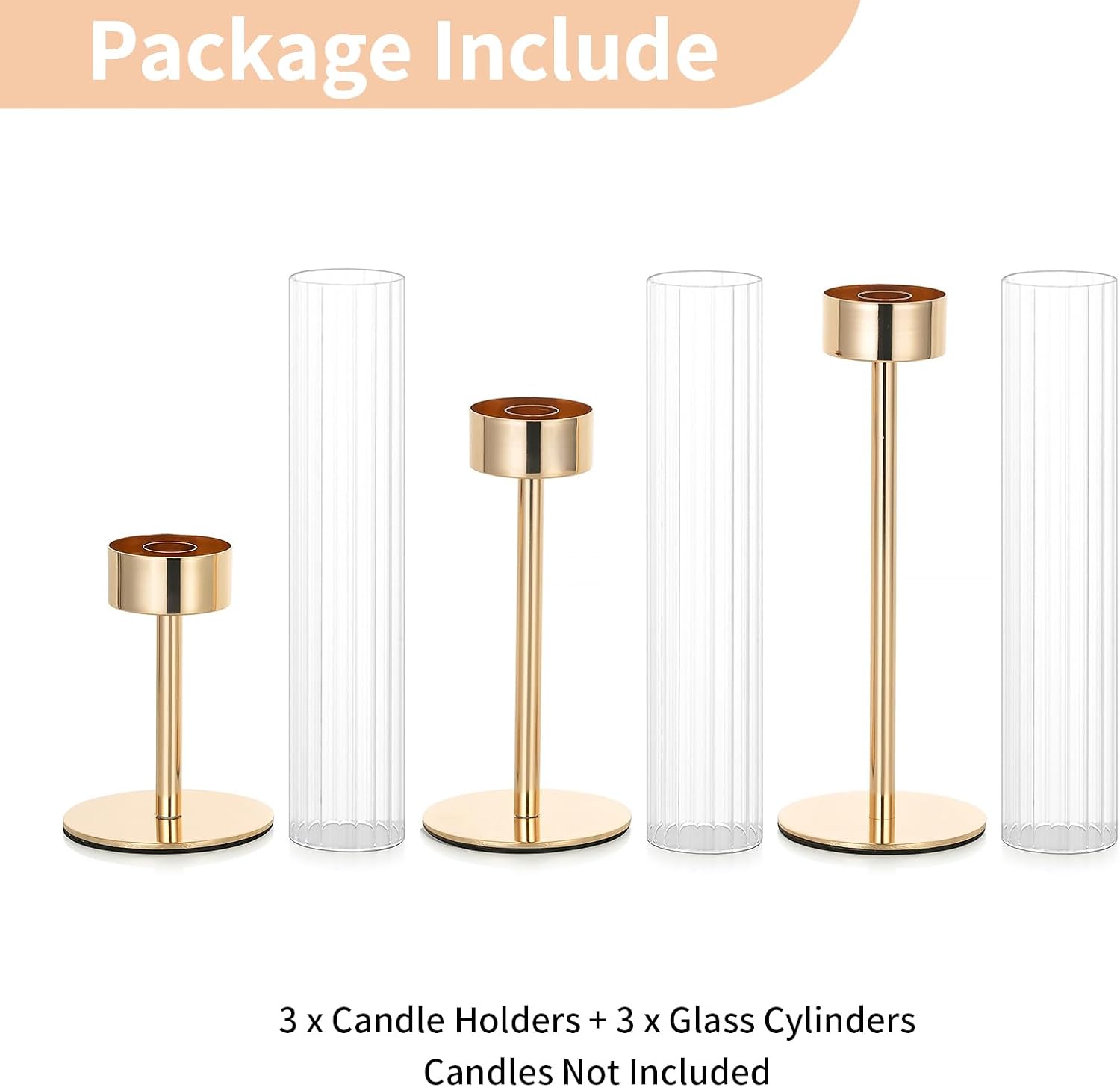 NUPTIO Tall Candlestick Holders for Centerpiece, Hurricane Candle Holder | Set of 3 Candle Stick Holders with Ribbed