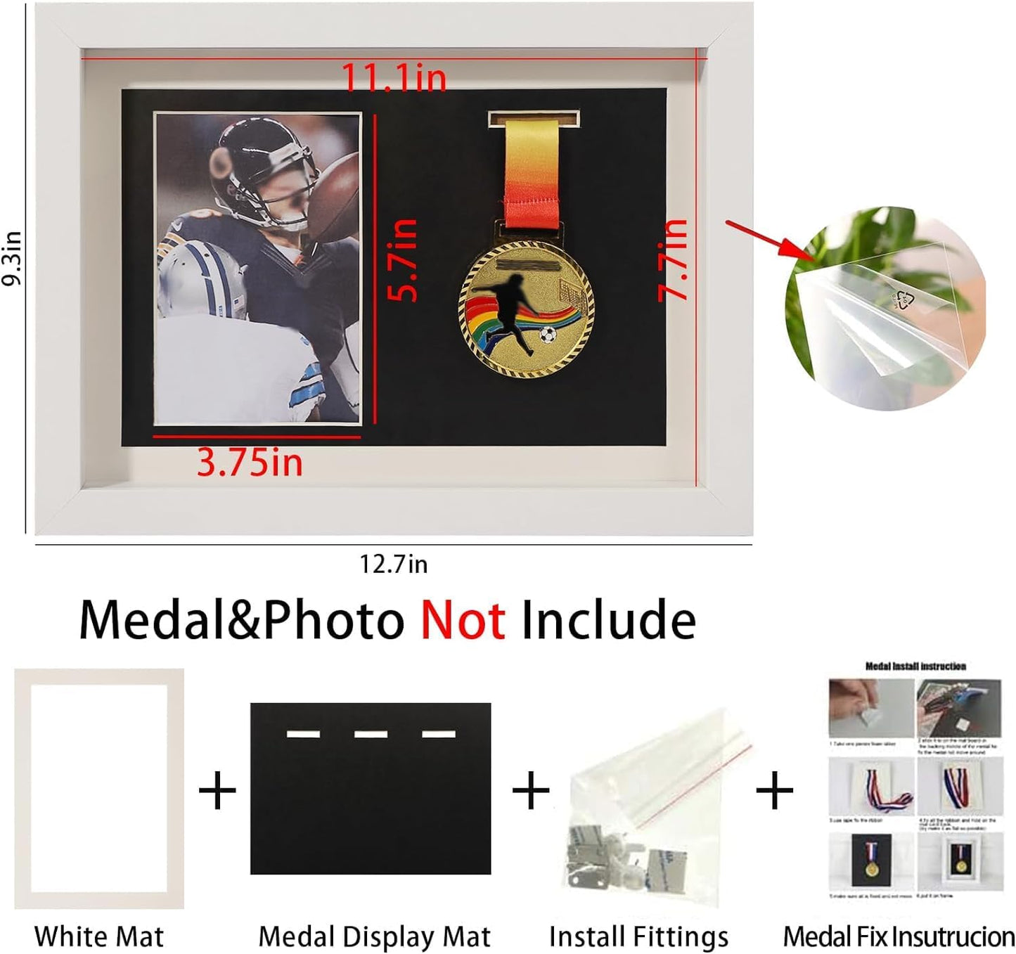 IHEIPYE Medal Display Shadow Box Picture Frame Medal Display Case White A4 | 3 in 1 Multifunctional, Marathon Runner
