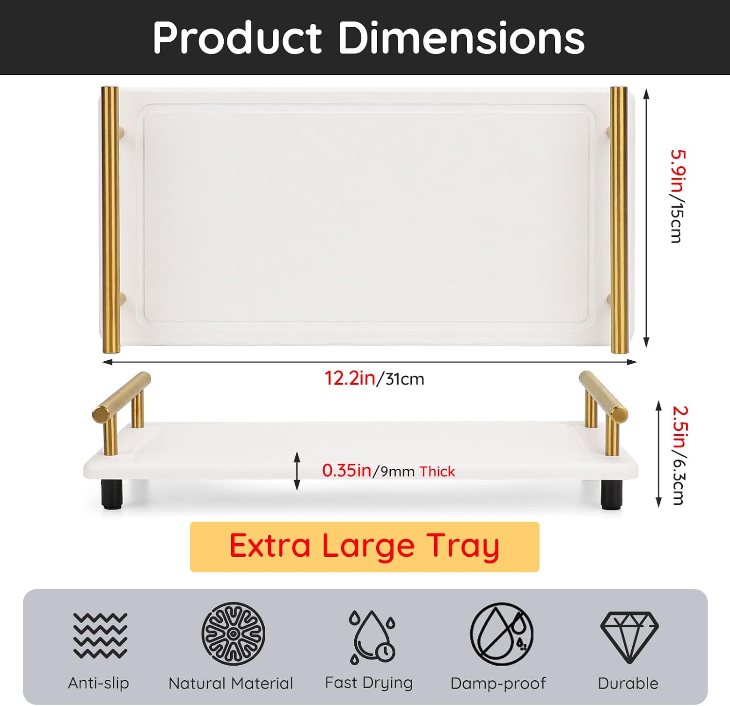 Fast Drying Stone Diatomaceous Earth Tray / White-gold / 12.2 x 5.9 x 2.5