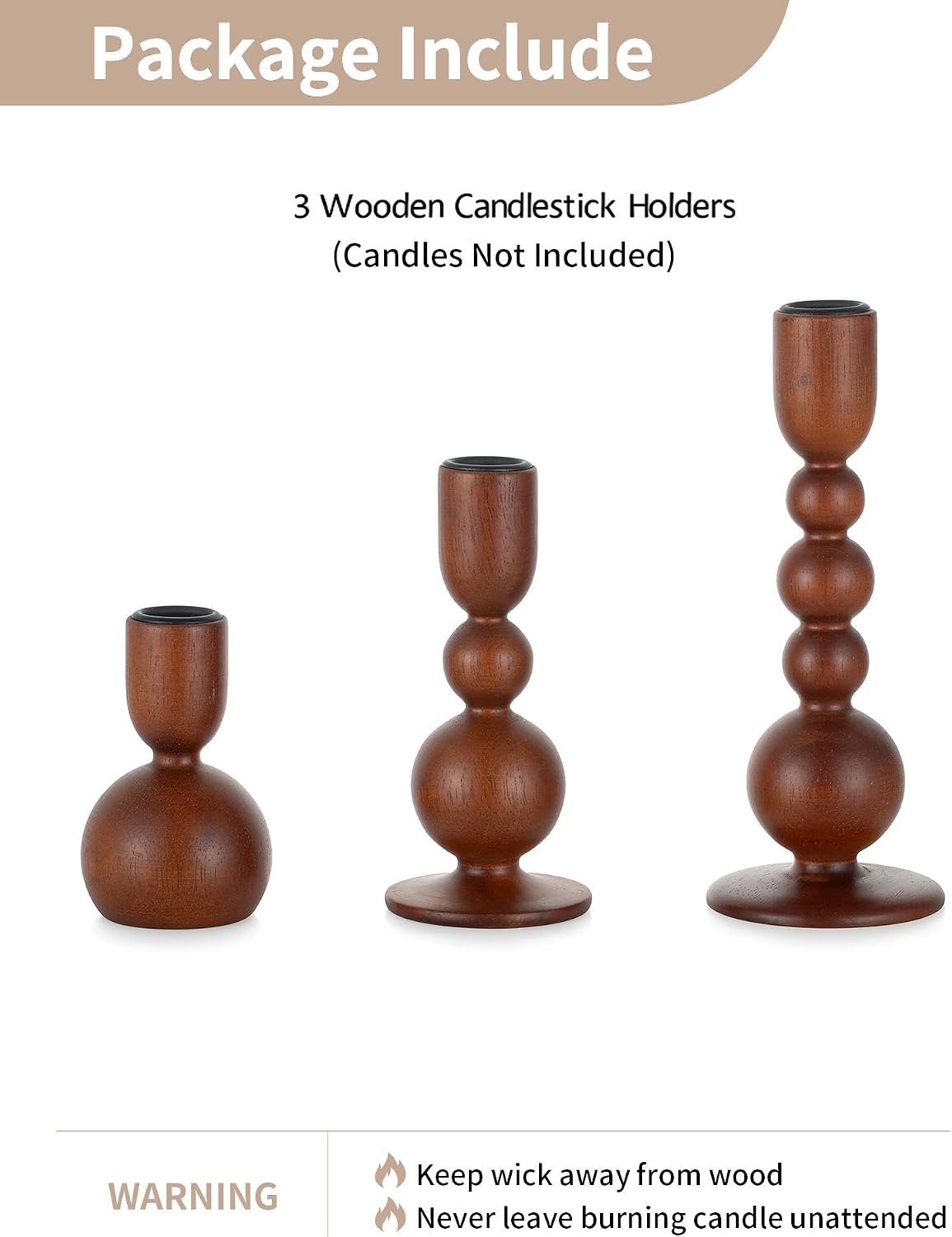 NUPTIO Wooden Taper Candle Holders, Set of 3 Brown Candlesticks | Natural Wood, MCM Design, Dining Table Centerpiece