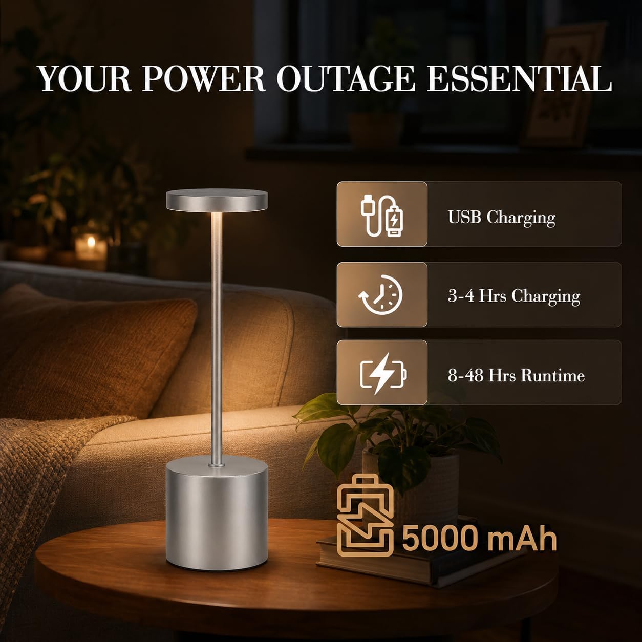 AUDLES Silver Rechargeable Table Lamps 2 Pack, Cordless Battery Operated LED Desk Lamp with Touch Control, 3 Color
