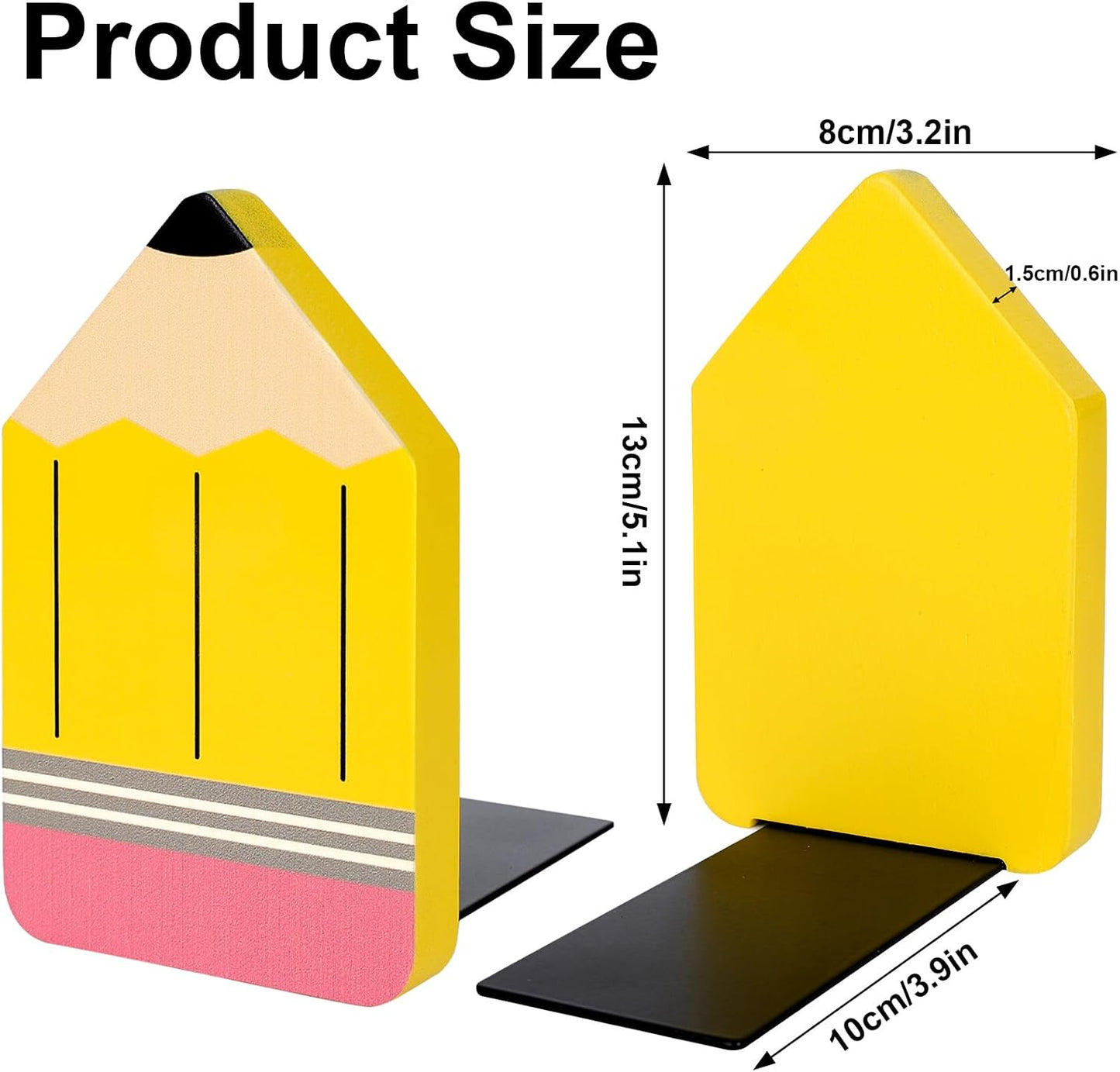 Pencil Wood Bookends Back to School Pencil Wooden Book Stands Non Skid Book / Yellow / Set of 2