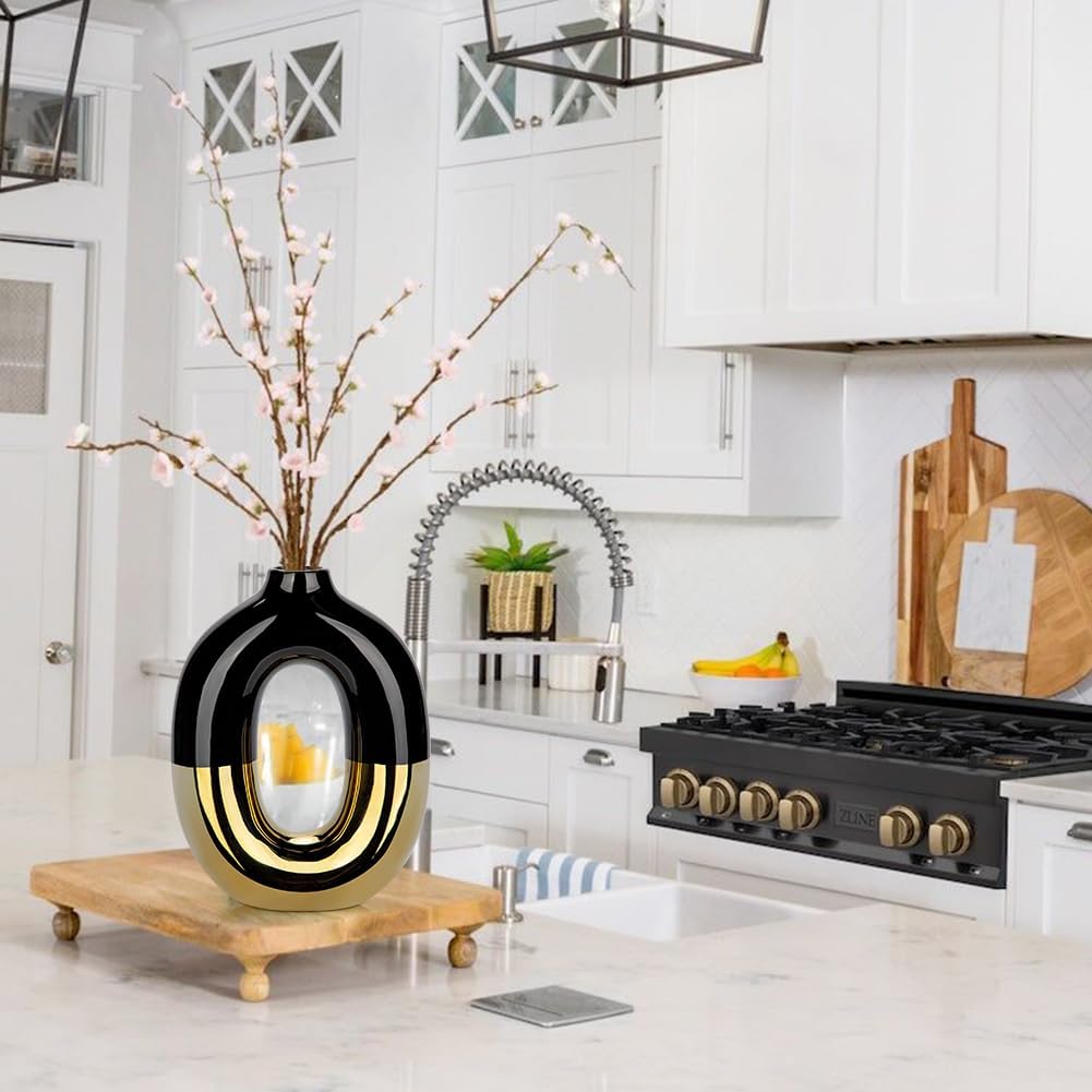 Gold and Black Vase Donut Vase Ceramic Vase for Flowers Pampas Minimalist / Hollow / Black+gold #2
