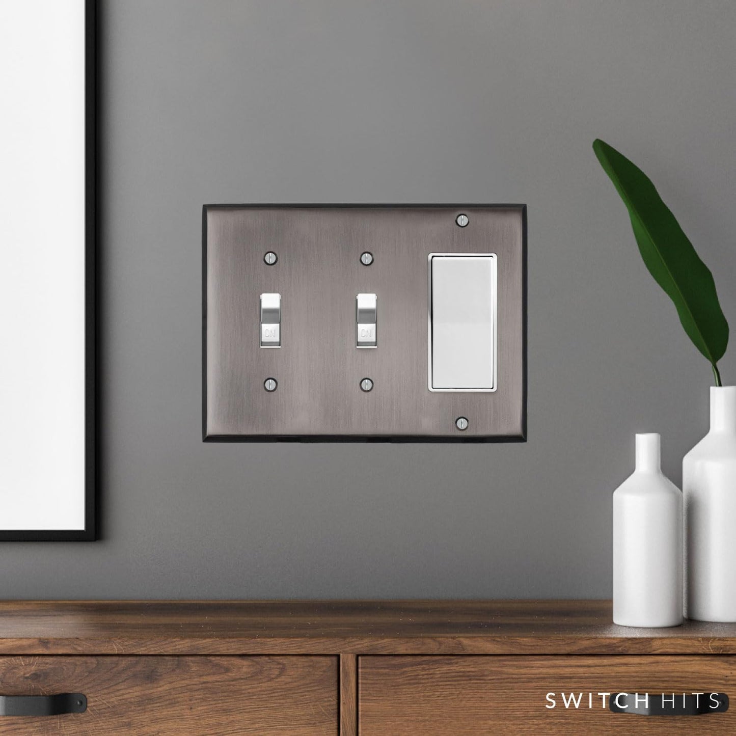 Antique Pewter Outlet Wall Plate | 2 Toggle - 1 GFI Rocker | 6.25" x 4.5" | Hand-Polished Brass Construction