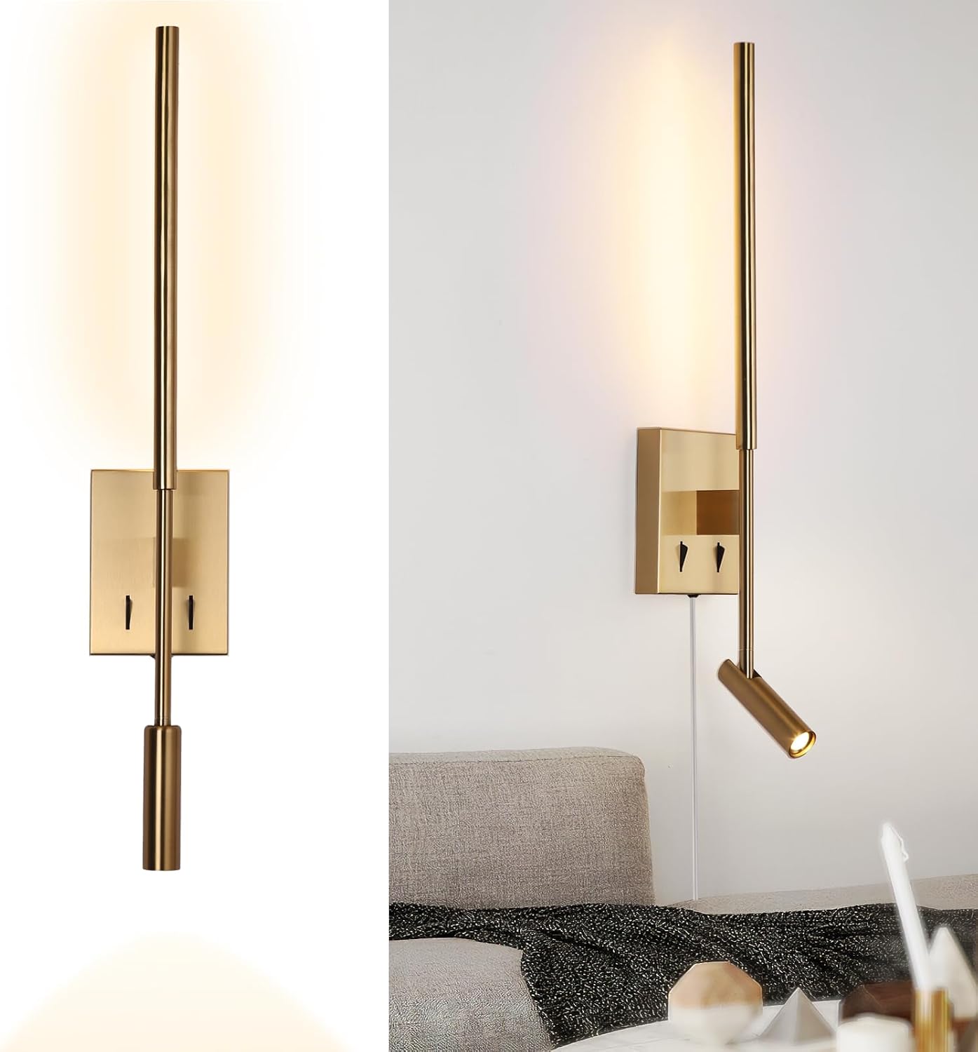 Modern Plug in Wall Sconce Indoor Ambient Lighting for Bedroom, Gold LED Wall Mounted Reading Lamp with Switch, Corded