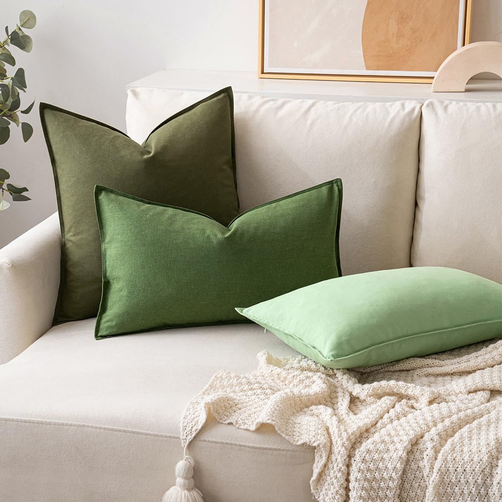 Decorative Linen Pillow Covers Boho Farmhouse Modern Soft Spring / 18 x 18 / Olive Green / Set of 2