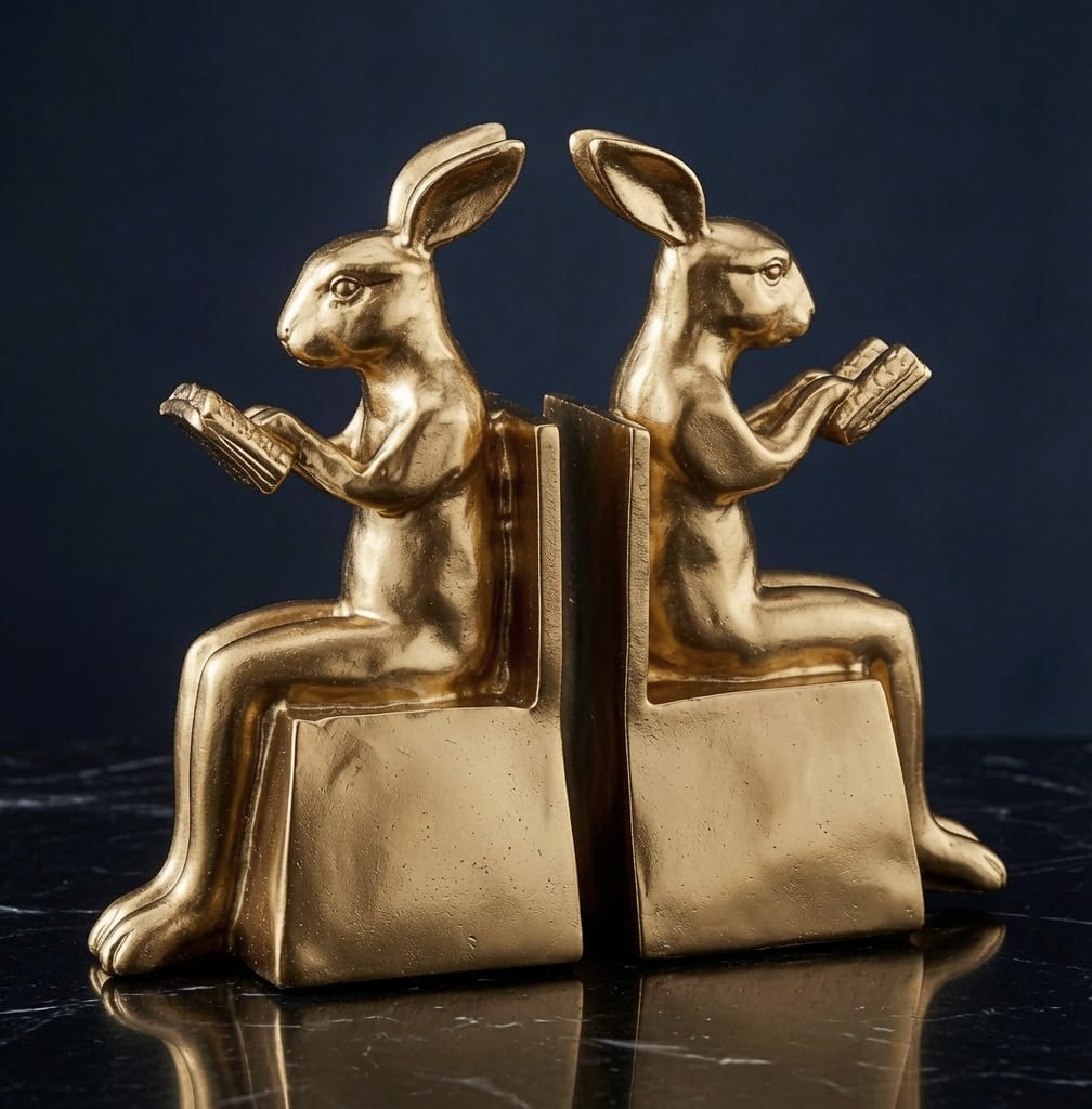 Rabbit Bookends / Studious Reading Bunny Decorative Book Ends / Gold / 7 Inch / Set of 2