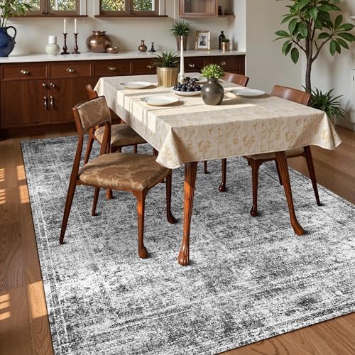 Washable Area Rug 8' x 10' Vintage Traditional Persian Mat - Foldable Distressed Non-Slip Machine Washable Carpet for