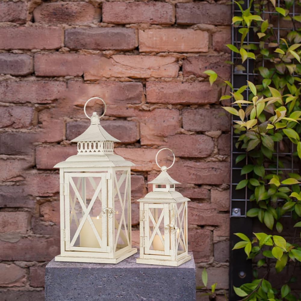 Lanterns Decorative Outdoor&Indoor, Set of 2 (14"&10") Beige Metal Lantern Decor with Glass, Candle Holder for Porch