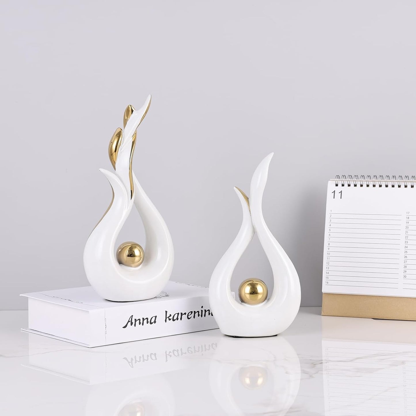 Modern Figurines / Abstract Flame Ceramic Sculpture Set / White Gold / Set of 2