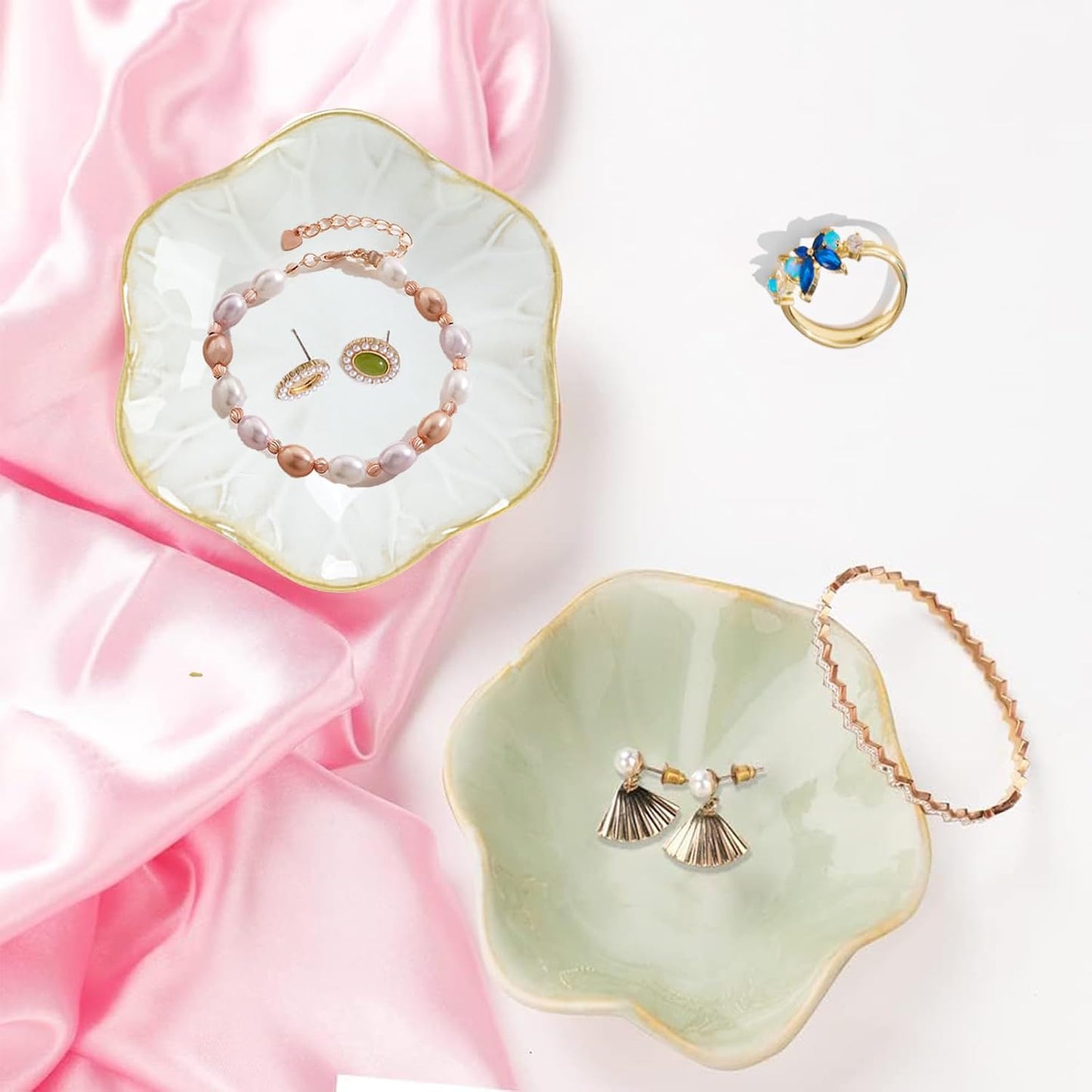 Jewelry Tray Key Tray / 4.3 Inches / White + Green / Set of 2