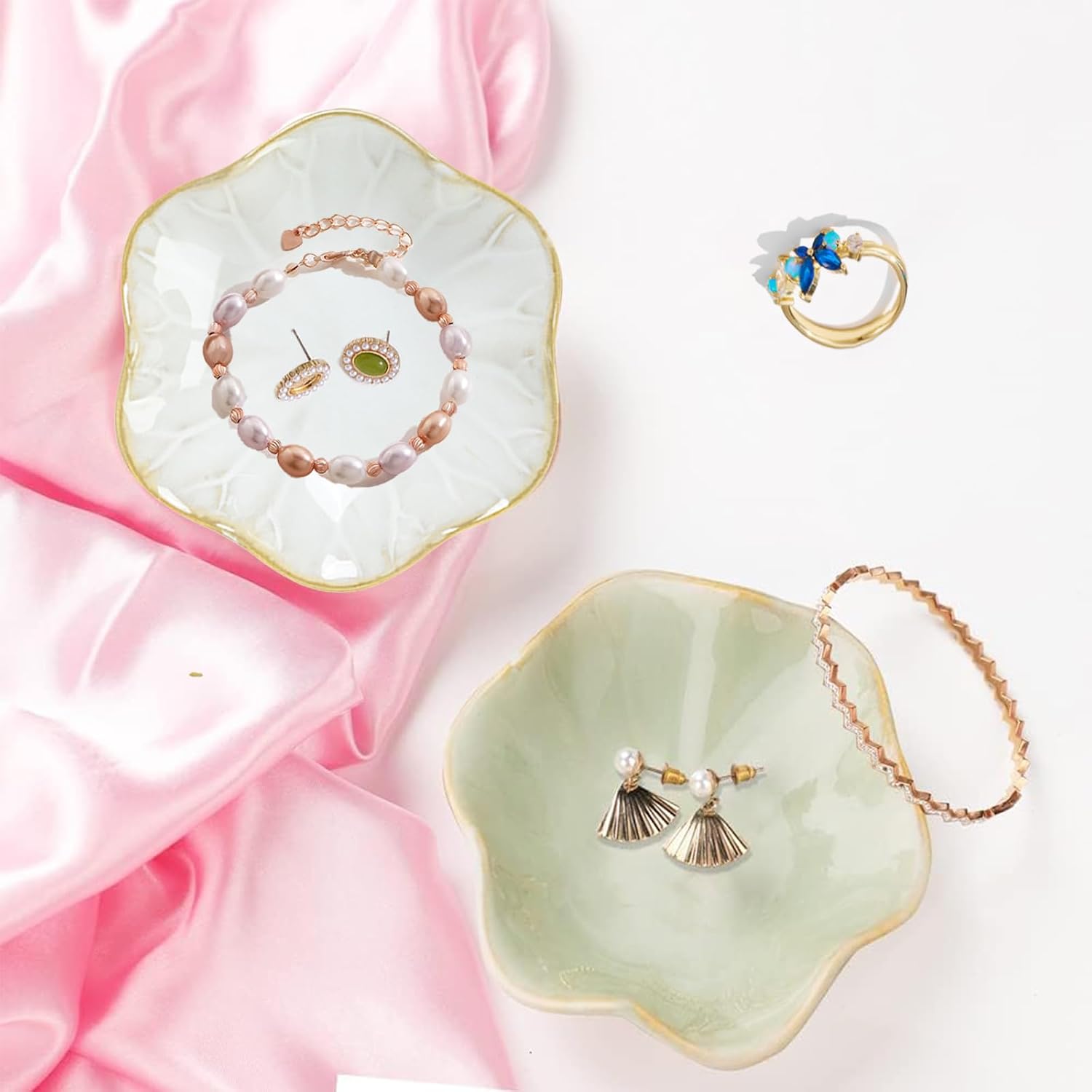 Jewelry Tray Key Tray / 4.3 Inches / White + Green / Set of 2