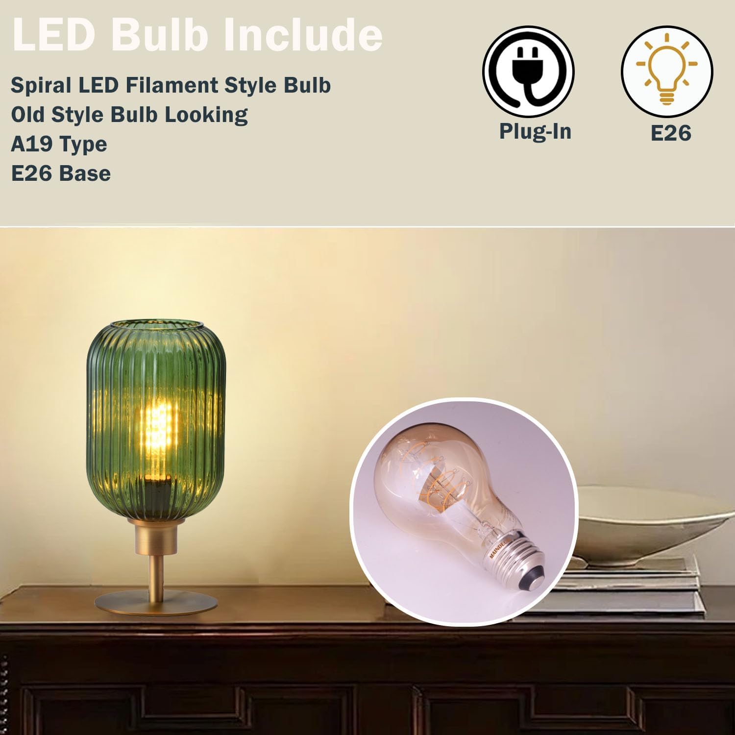 Mid Century Glass Table Lamp,Dimmable Desk Lamp,LED Bulb Included,Timer Build-In,Green Ribbed Glass