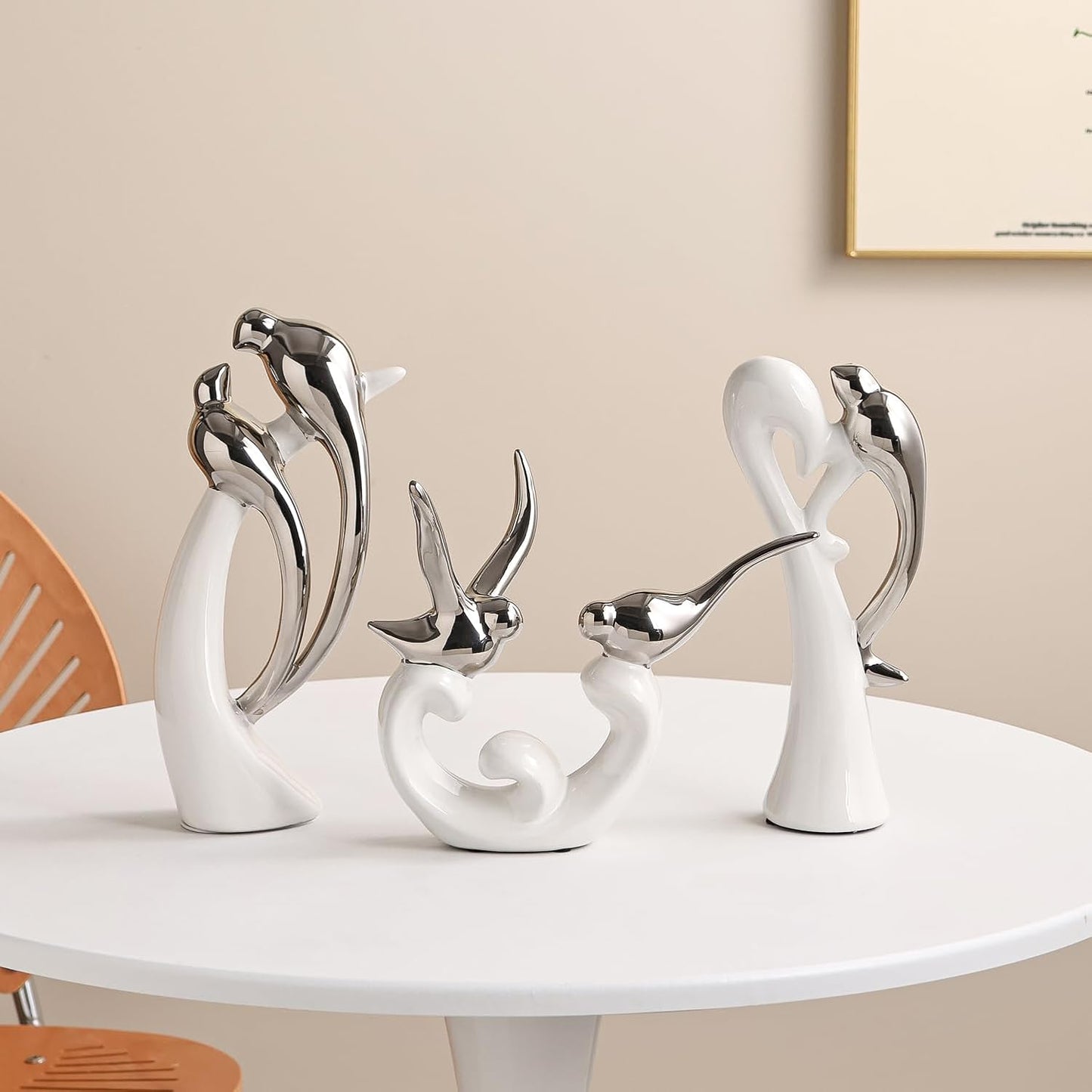 Ceramic Statues / White and Silver / Set of 3
