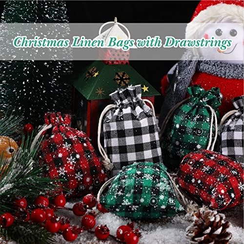 Shappy 24 Pcs Christmas Drawstring Gift Bags Xmas Buffalo Plaid Burlap Advent Bags 5.5 x 4 Inches Linen Treat Candy Bag with 32.8 ft Rope 24 Card(Mixed Colors)