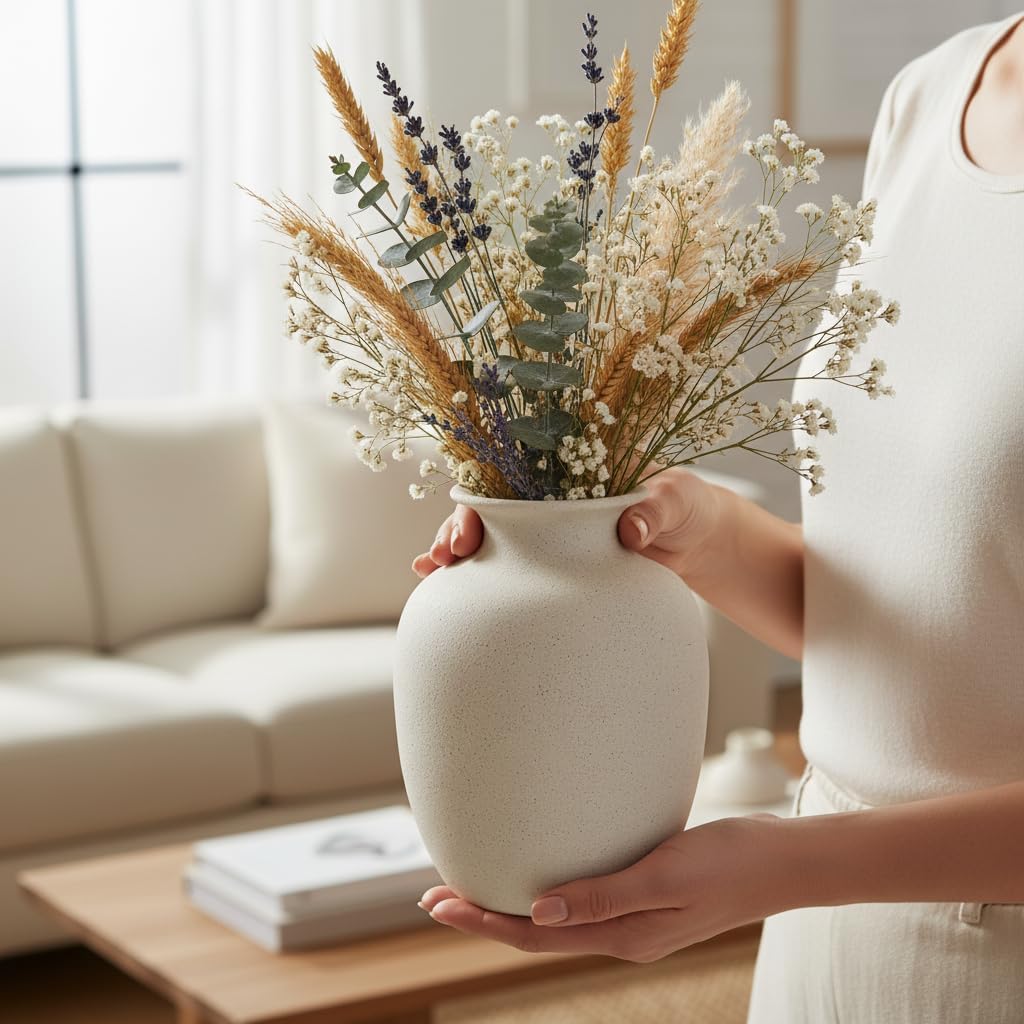 Boho Vases / Ceramic Vase for Flowers / Beige / 7 Inch