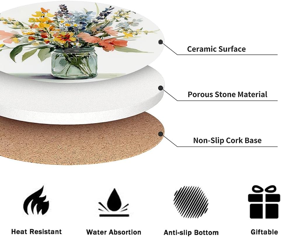 Holder / Spring Drink Absorbent Coasters / Wildflowers / Round / Set of 6