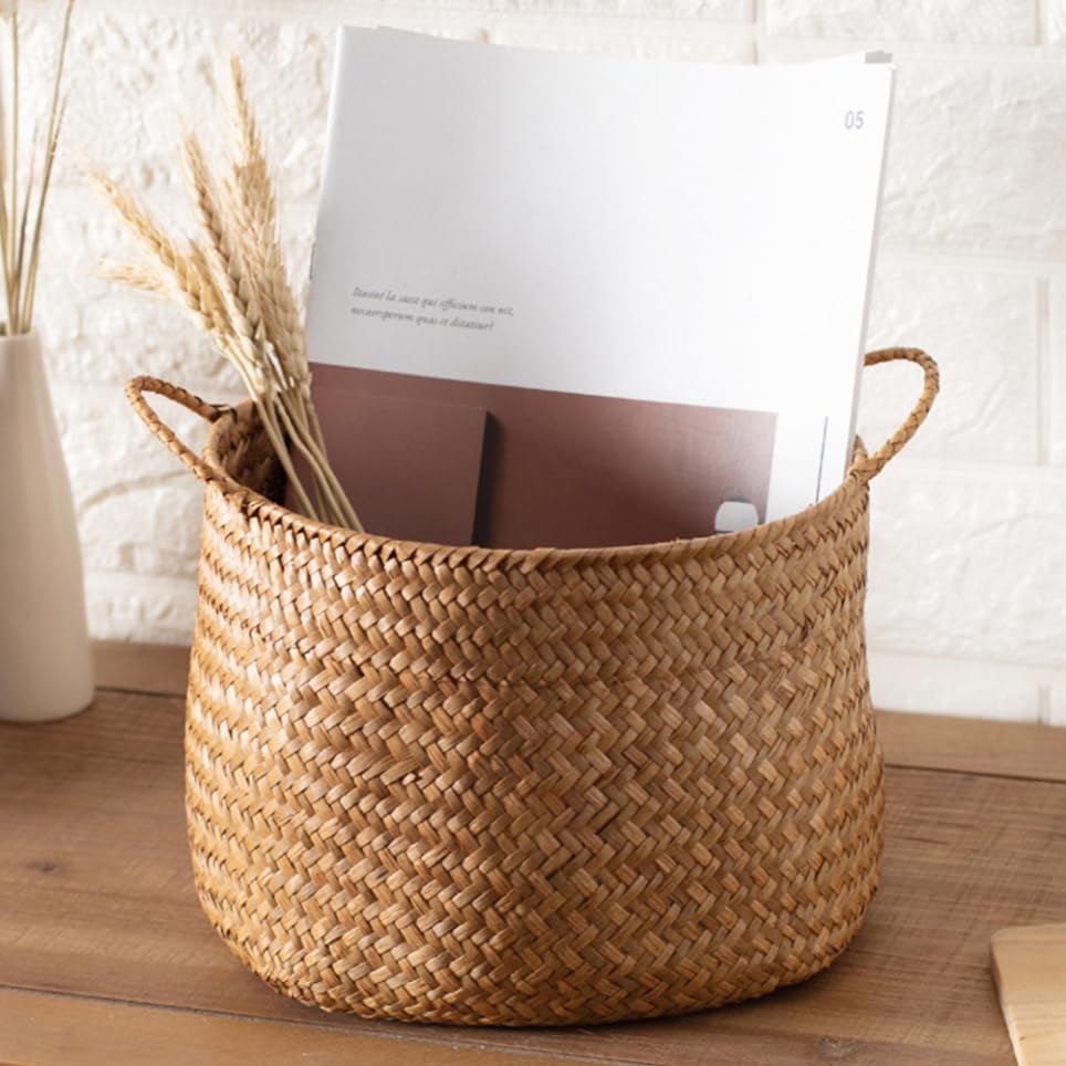 Japanese Style Woven Storage Basket Handles Handcrafted Decorative Organizer for Cosmetics Flower