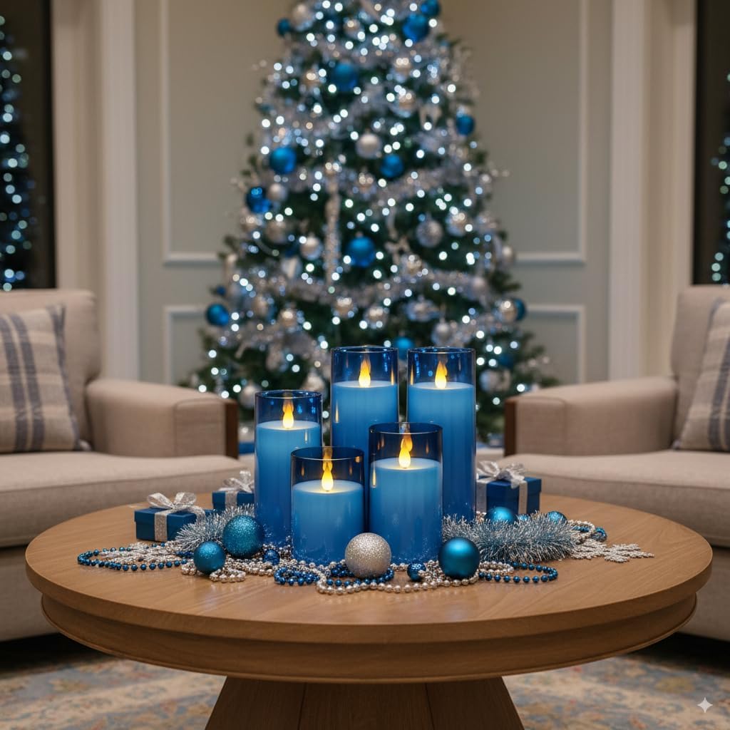 Homemory Blue Flickering Flameless Candles, Battery Operated Acrylic LED Pillar Candles with Remote Control and Timer
