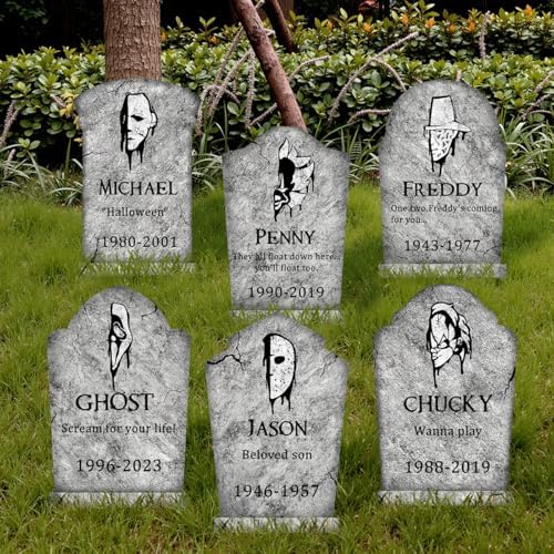 Halloween Decorations Outdoor Graveyard Tombstones: 6ct Large Tombstone Halloween Decor Yard Signs with Stake, 17" Tall Scary Gravestones with Half Killer Face, Waterproof Lawn Decor Outside, Not Foam