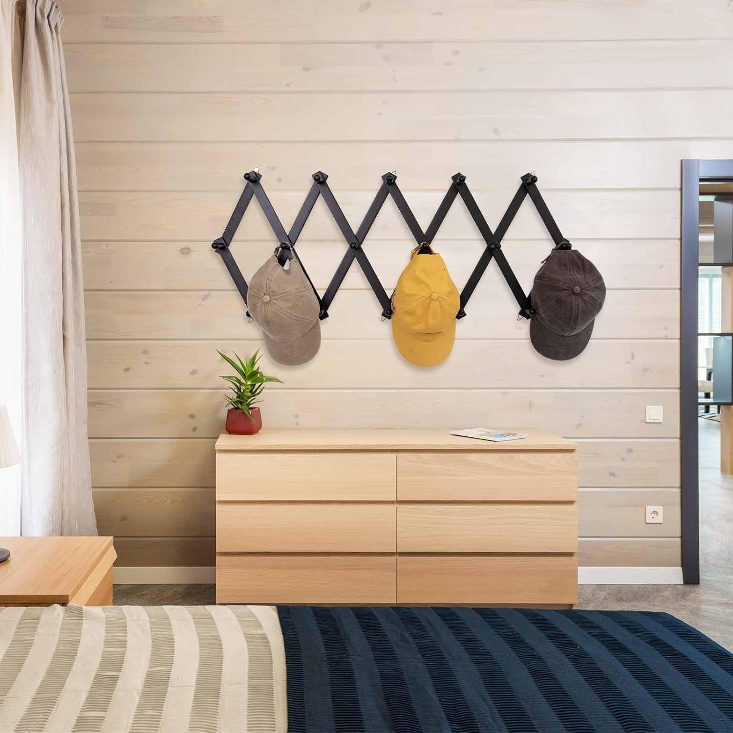 SCUNDA Accordion Wall Hanger with 16 Hooks, Wooden Wall Expandable Coat Rack for Coat, Hats, Baseball Caps, Coffee Mug