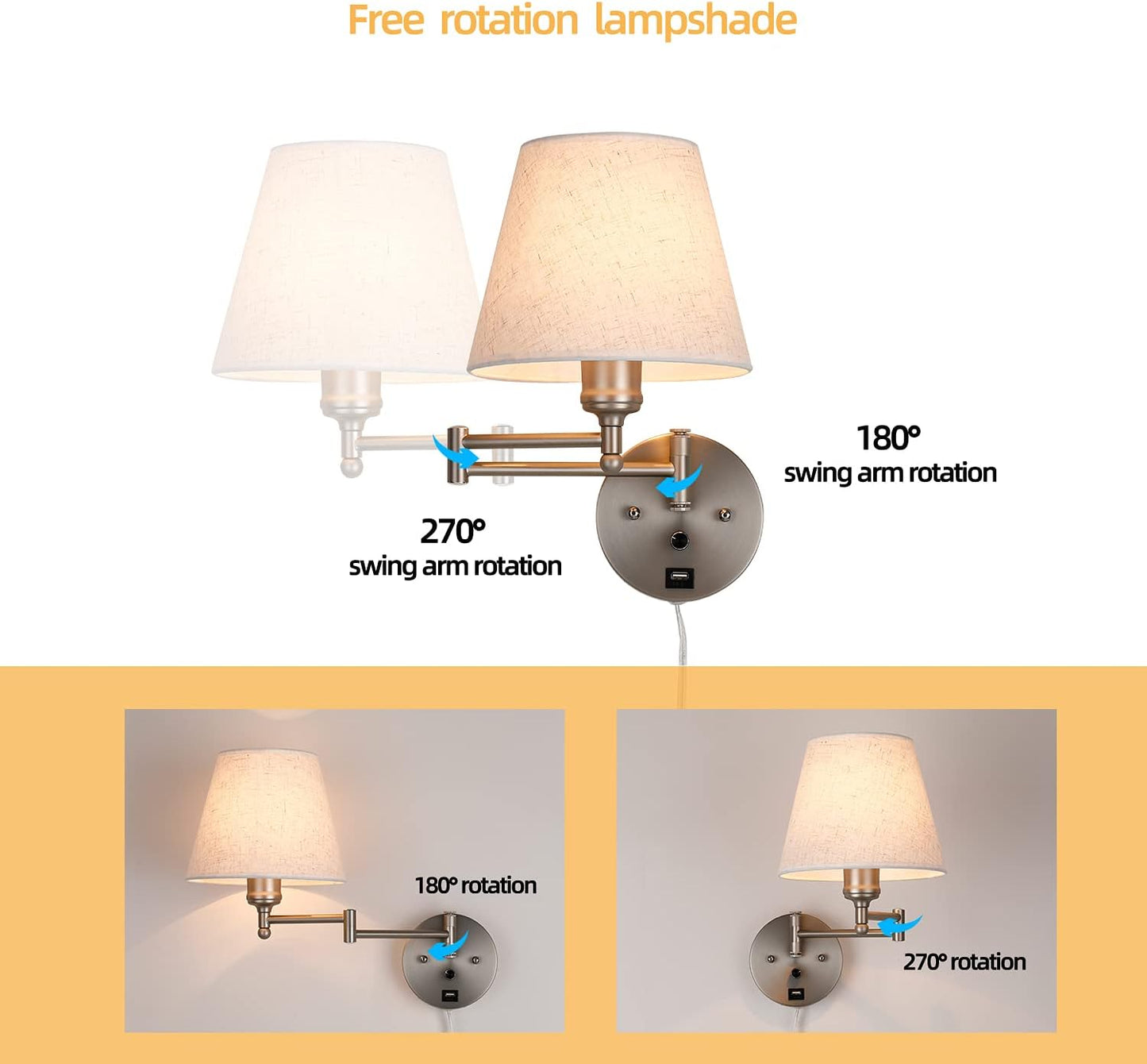Swing Arm Wall Lamp Wall Mount Lamp with Cord Plug in Wall Sconce Lighting with Dimmable On Off Switch Wall Light with