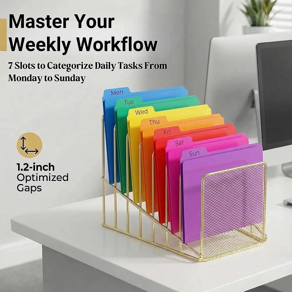 Gold Desk Organizer 7 Slot Inclined Vertical File Folder Holder Sorter with Mesh Front Metal Wire Rack for Mail, Slim