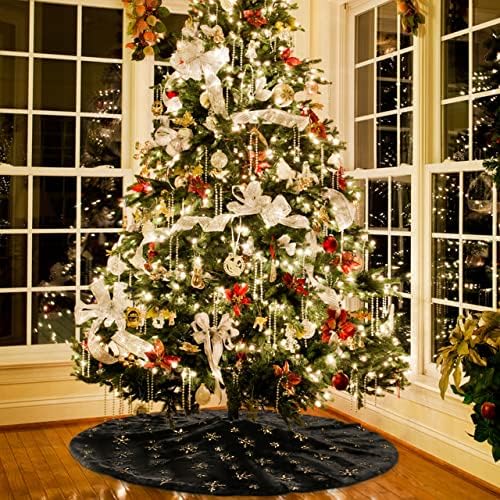 Christmas Tree Skirt Black 48 Inch Faux Fur with Gold Glitter Snowflake Soft Fluffy Tree Skirt for Christmas Party Decoration, Black Gold Snowflake