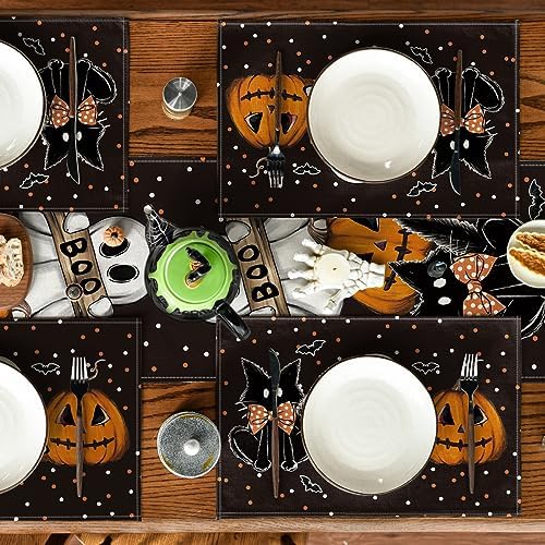 Artoid Mode Polka Dot Ghost Pumpkin Cat Boo Halloween Placemats Set of 2, 12x18 Inch Seasonal Fall Table Mats for Party Kitchen Dining Decoration