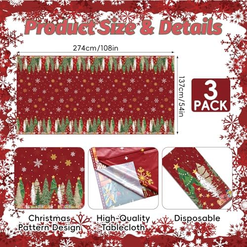Gistome 3-Piece 54 x 108 Inch Christmas Tree Plastic Tablecloth – Holiday Disposable Red and Green Table Cover for Christmas Dinners, Winter Parties, and Indoor Outdoor Decorations