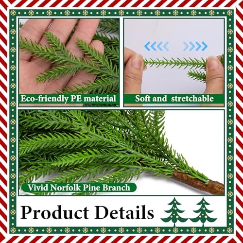 Purple Star 10 Pcs Christmas Norfolk Pine Branches, 19" Extra Length Artificial Xmas Branches Plants Pine Needles, Fake Greenery Norfolk Pines Stems Sprigs for DIY Craft Garland Home Garden Decor