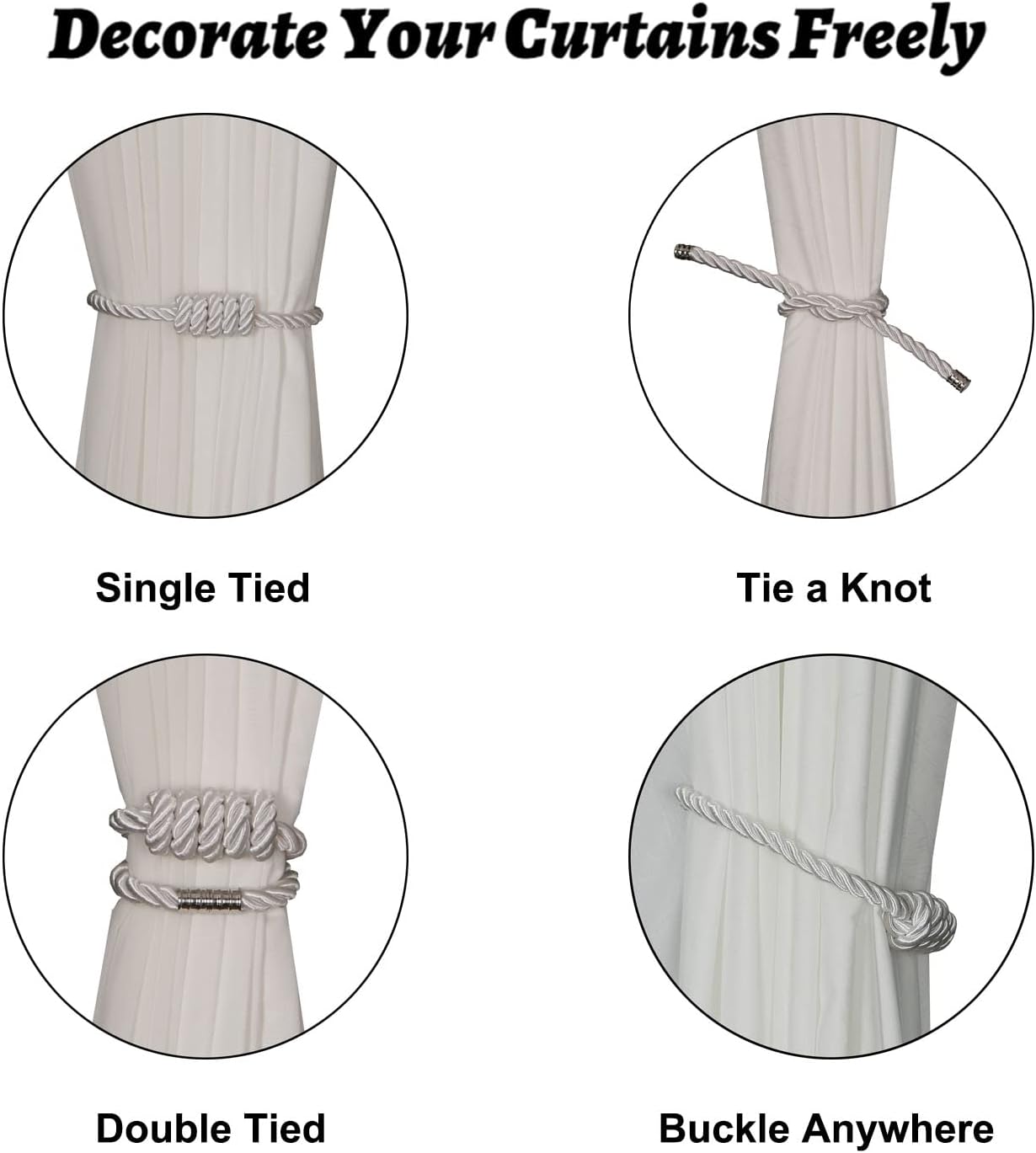 BEL AVENIR Magnetic Curtain Tiebacks 6 Pack Hand-Woven Curtain Ties | White Decorative Curtain Holdbacks Bohemian Style